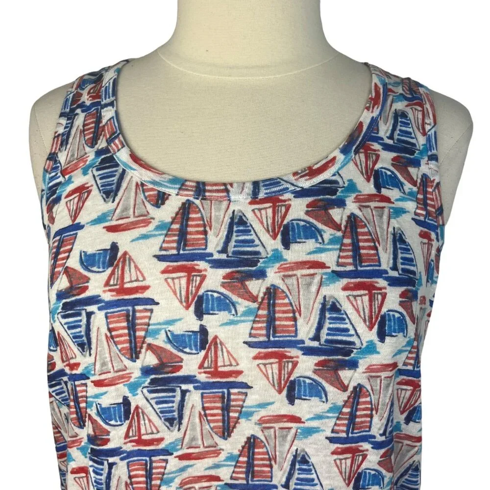 Willi Smith Linen Tank Top Small Red White Blue Sleeveless Patriotic Summer Boat - Picture 3 of 9